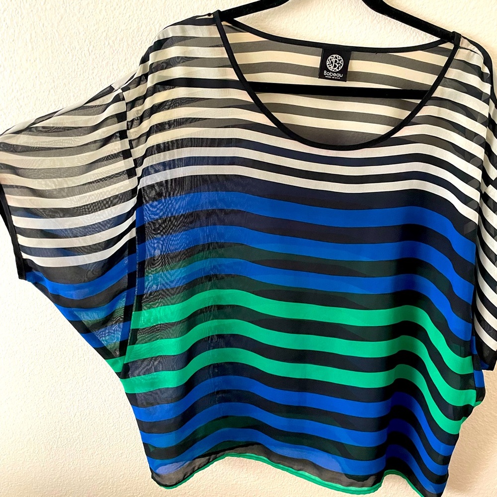 Bobeau plaque white blue and green, striped, sheer women’s shirt.